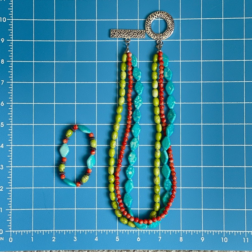 Premier Designs Southwest Beaded Necklace & Bracelet Set Turquoise Coral Lime - Picture 6 of 8